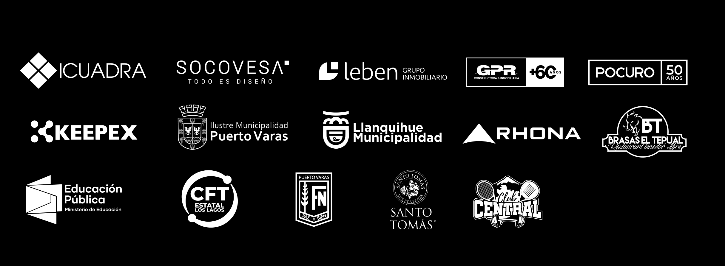 Logos de clientes de Activa: Icuadra, Socovesa, Leben, GPR, Pocuro, Keepex, Ilustre Municipalidad de Puerto Varas, Llanquihue Municipalidad, Rhona, Brasas El Tepual, Educación Pública, CFT Estatal Los Lagos, Puerto Varas FN, Santo Tomás y Club Central